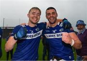 17 June 2023; Sean Greene, left and Robert Pigott of Laois celebrate after the Tailteann Cup Quarter Final match between Limerick and Laois at TUS Gaelic Grounds in Limerick. Photo by Tom Beary/Sportsfile
