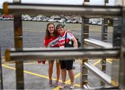 17 June 2023; Erin and Joanne Ferry, from Derry City arrive to the turnstiles before the GAA Football All-Ireland Senior Championship Round 3 match between Derry and Clare at Glennon Brothers Pearse Park in Longford. Photo by Stephen Marken/Sportsfile