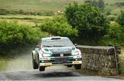 17 June 2023; Matt Edwards and David Moynihan in their VW Polo GTI R5 during day two of the Wilton Recycling Donegal International Rally round 5 of the Irish Tarmac Championship at Portsalon in Donegal. Photo by Philip Fitzpatrick/Sportsfile