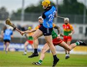 17 June 2023; James Doyle of Carlow blocks the clearance of Daire Gray of Dublin during the GAA Hurling All-Ireland Senior Championship Preliminary Quarter Final match between Carlow and Dublin at Netwatch Cullen Park in Carlow. Photo by Sam Barnes/Sportsfile