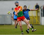 17 June 2023; Diarmuid Byrne of Carlow in action against Danny Sutcliffe of Dublin during the GAA Hurling All-Ireland Senior Championship Preliminary Quarter Final match between Carlow and Dublin at Netwatch Cullen Park in Carlow. Photo by Sam Barnes/Sportsfile