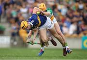 17 June 2023; Mark Kehoe of Tipperary in action against Ciaran Burke of Offaly during the GAA Hurling All-Ireland Senior Championship Preliminary Quarter Final match between Offaly and Tipperary at Glenisk O'Connor Park in Tullamore, Offaly. Photo by Michael P Ryan/Sportsfile
