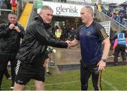 17 June 2023; Offaly manager Johnny Kelly, left, shakes hands with Tipperary manager Liam Cahill after the GAA Hurling All-Ireland Senior Championship Preliminary Quarter Final match between Offaly and Tipperary at Glenisk O'Connor Park in Tullamore, Offaly. Photo by Michael P Ryan/Sportsfile