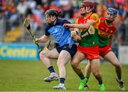 17 June 2023; Cian O'Sullivan of Dublin in action against Jack McCullagh, left, and Diarmuid Byrne of Carlow during the GAA Hurling All-Ireland Senior Championship Preliminary Quarter Final match between Carlow and Dublin at Netwatch Cullen Park in Carlow. Photo by Sam Barnes/Sportsfile
