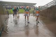 17 June 2023; Offaly players Ciaran Burke, left, and Brian Duignan make his way off the field after the GAA Hurling All-Ireland Senior Championship Preliminary Quarter Final match between Offaly and Tipperary at Glenisk O'Connor Park in Tullamore, Offaly. Photo by Michael P Ryan/Sportsfile