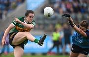 17 June 2023; Danielle O'Leary of Kerry has a kick blocked by Aoife Kane of Dublin during the TG4 All-Ireland Ladies Senior Football Championship Round 1 match between Dublin and Kerry at Parnell Park in Dublin. Photo by Harry Murphy/Sportsfile