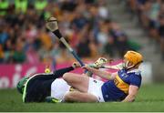 17 June 2023; Seamus Callanan of Tipperary in action against Offaly goalkeeper Stephen Corcoran during the GAA Hurling All-Ireland Senior Championship Preliminary Quarter Final match between Offaly and Tipperary at Glenisk O'Connor Park in Tullamore, Offaly. Photo by Michael P Ryan/Sportsfile