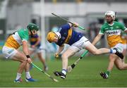 17 June 2023; Jake Morris of Tipperary /iss/ Offaly players David King, left, and Paddy Delaney during the GAA Hurling All-Ireland Senior Championship Preliminary Quarter Final match between Offaly and Tipperary at Glenisk O'Connor Park in Tullamore, Offaly. Photo by Michael P Ryan/Sportsfile