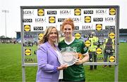 17 June 2023; Louise Ní Mhuircheartaigh of Kerry receives the Player of the Match award from Helen O’Rourke, Ladies Gaelic Football Association CEO, after the TG4 All-Ireland Ladies Senior Football Championship Round 1 match between Dublin and Kerry at Parnell Park in Dublin. Photo by Harry Murphy/Sportsfile