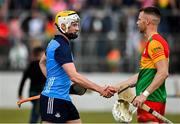 17 June 2023; Mark Grogan of Dublin and Jack Kavanagh of Carlow shake hands after the GAA Hurling All-Ireland Senior Championship Preliminary Quarter Final match between Carlow and Dublin at Netwatch Cullen Park in Carlow. Photo by Sam Barnes/Sportsfile