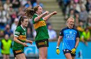 17 June 2023; Síofra O'Shea of Kerry and Carla Rowe of Dublin react at the full-time whistle in the TG4 All-Ireland Ladies Senior Football Championship Round 1 match between Dublin and Kerry at Parnell Park in Dublin. Photo by Harry Murphy/Sportsfile
