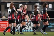 17 June 2023; Faith Johnston of Crusaders, left, celebrates with teammate Holly Otter after scoring her side's goal during the Avenir Sports All-Island Cup Group D Round 1 match between Crusaders and Treaty United at Seaview in Belfast. Photo by Mark Marlow/Sportsfile