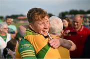 17 June 2023; Oisin Gallen of Donegal is congratulated after the GAA Football All-Ireland Senior Championship Round 3 match between Monaghan and Donegal at O'Neills Healy Park in Omagh, Tyrone. Photo by Ramsey Cardy/Sportsfile