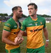 17 June 2023; Stephen McMenamin, left, and Hugh McFadden of Donegal after the GAA Football All-Ireland Senior Championship Round 3 match between Monaghan and Donegal at O'Neills Healy Park in Omagh, Tyrone. Photo by Ramsey Cardy/Sportsfile