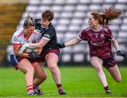17 June 2023; Doireann O'Sullivan of Cork in action against Galway goalkeeper Karen Connolly and Sarah Ní Loingsigh, right, during the TG4 All-Ireland Ladies Senior Football Championship Round 1 match between Galway and Cork at Pearse Stadium in Galway. Photo by Piaras Ó Mídheach/Sportsfile