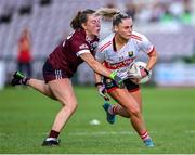 17 June 2023; Laura O'Mahony of Cork in action against Lynsey Noone of Galway during the TG4 All-Ireland Ladies Senior Football Championship Round 1 match between Galway and Cork at Pearse Stadium in Galway. Photo by Piaras Ó Mídheach/Sportsfile