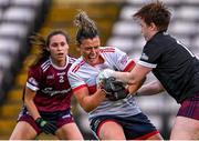 17 June 2023; Doireann O'Sullivan of Cork in action against Galway goalkeeper Karen Connolly during the TG4 All-Ireland Ladies Senior Football Championship Round 1 match between Galway and Cork at Pearse Stadium in Galway. Photo by Piaras Ó Mídheach/Sportsfile