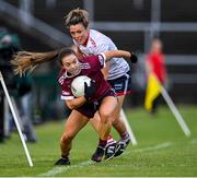 17 June 2023; Aoife Ní Cheallaigh of Galway in action against Doireann O'Sullivan of Cork during the TG4 All-Ireland Ladies Senior Football Championship Round 1 match between Galway and Cork at Pearse Stadium in Galway. Photo by Piaras Ó Mídheach/Sportsfile