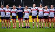 17 June 2023; Cork players, including Hannah Looney, 10, during the playing of Amhrán na bhFiann before the TG4 All-Ireland Ladies Senior Football Championship Round 1 match between Galway and Cork at Pearse Stadium in Galway. Photo by Piaras Ó Mídheach/Sportsfile