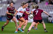 17 June 2023; Laura O'Mahony of Cork in action against Galway players Lynsey Noone, 12, and Hannah Noone, 7, during the TG4 All-Ireland Ladies Senior Football Championship Round 1 match between Galway and Cork at Pearse Stadium in Galway. Photo by Piaras Ó Mídheach/Sportsfile