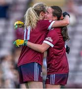17 June 2023; Galway players Louise Ward, left, and Nicola Ward celebrate after their side's victory in the TG4 All-Ireland Ladies Senior Football Championship Round 1 match between Galway and Cork at Pearse Stadium in Galway. Photo by Piaras Ó Mídheach/Sportsfile