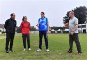 18 June 2023; Match referee Jareth McCready alongside team captains Leah Paul of Dragons, left, and Rebecca Stokell of Typhoons with Ally McCalmont of HBV Studios for the coin toss before the Evoke Super Series 2023 match between Typhoons and Dragons at YMCA Sports Ground on Claremont Road, Dublin. Photo by Piaras Ó Mídheach/Sportsfile