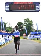 18 June 2023;  Peter Somba of Dunboyne AC, Meath, crosses the line to win the 2023 Irish Life Dublin Race Series – Corkagh Park 5 Mile at Corkagh Park in Clondalkin, Dublin. Photo by Sam Barnes/Sportsfile