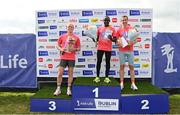 18 June 2023; Top three male finishers, Peter Somba of Dunboyne AC, Meath, first, Martin Hoare of Celbridge AC, Kildare, second, and Noel McNally of Roadrunners AC, Antrim, third, after the 2023 Irish Life Dublin Race Series – Corkagh Park 5 Mile at Corkagh Park in Clondalkin, Dublin. Photo by Sam Barnes/Sportsfile