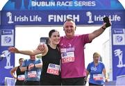 18 June 2023; Clara and Robert Leonard from Laois celebrate after finishing the 2023 Irish Life Dublin Race Series – Corkagh Park 5 Mile at Corkagh Park in Clondalkin, Dublin. Photo by Sam Barnes/Sportsfile