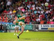 18 June 2023; Seán O'Shea of Kerry kicks the opening score of the game during the GAA Football All-Ireland Senior Championship Round 3 match between Kerry and Louth at Laois Hire O'Moore Park in Portaloise, Laois. Photo by Michael P Ryan/Sportsfile