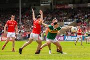 18 June 2023; Tony Brosnan of Kerry in action against Dan Corcoran of Louth during the GAA Football All-Ireland Senior Championship Round 3 match between Kerry and Louth at Laois Hire O'Moore Park in Portaloise, Laois. Photo by Michael P Ryan/Sportsfile