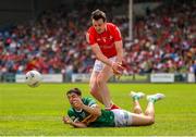 18 June 2023; Tony Brosnan of Kerry in action against Tommy Durnin of Louth during the GAA Football All-Ireland Senior Championship Round 3 match between Kerry and Louth at Laois Hire O'Moore Park in Portaloise, Laois. Photo by Michael P Ryan/Sportsfile