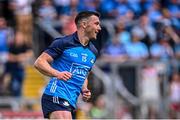 18 June 2023; Colm Basquel of Dublin after scoring his side's second goal despite the tackle of Jack Lavin of Sligo during the GAA Football All-Ireland Senior Championship Round 3 match between Dublin and Sligo at Kingspan Breffni in Cavan. Photo by Ramsey Cardy/Sportsfile