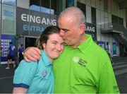 18 June 2023; Team Ireland's Ellie Armstrong, a member of Omagh Spires Special Olympics Club, from Omagh, Tyrone, photographed with her dad, Gary, after competing in a quarter-final of the 100m Freestyle during day two of the World Special Olympic Games 2023 in the Europastportpark in Berlin, Germany. Photo by Ray McManus/Sportsfile