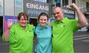 18 June 2023; Team Ireland's Ellie Armstrong, a member of Omagh Spires Special Olympics Club, from Omagh, Tyrone, photographed with her mum, Siobhán, and dad, Gary, after competing in a quarter-final of the 100m Freestyle during day two of the World Special Olympic Games 2023 in the Europastportpark in Berlin, Germany. Photo by Ray McManus/Sportsfile