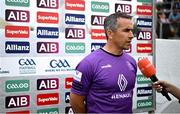 18 June 2023; Westmeath manager Dessie Dolan is interviewed for GAAGO before the GAA Football All-Ireland Senior Championship Round 3 match between Tyrone and Westmeath at Kingspan Breffni in Cavan. Photo by Ramsey Cardy/Sportsfile