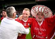 18 June 2023; Brian Hurley of Cork celebrates with supporters after the GAA Football All-Ireland Senior Championship Round 3 match between Cork and Mayo at TUS Gaelic Grounds in Limerick. Photo by Eóin Noonan/Sportsfile