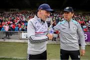 18 June 2023; Louth manager Mickey Harte, left, shakes hands with Kerry manager Jack O'Connor after the GAA Football All-Ireland Senior Championship Round 3 match between Kerry and Louth at Laois Hire O'Moore Park in Portaloise, Laois. Photo by Michael P Ryan/Sportsfile