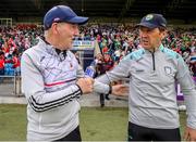 18 June 2023; Louth manager Mickey Harte, left, shakes hands with Kerry manager Jack O'Connor after the GAA Football All-Ireland Senior Championship Round 3 match between Kerry and Louth at Laois Hire O'Moore Park in Portaloise, Laois. Photo by Michael P Ryan/Sportsfile