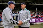 18 June 2023; Louth manager Mickey Harte, left, shakes hands with Kerry manager Jack O'Connor after the GAA Football All-Ireland Senior Championship Round 3 match between Kerry and Louth at Laois Hire O'Moore Park in Portaloise, Laois. Photo by Michael P Ryan/Sportsfile