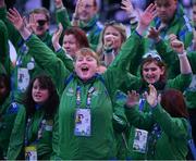 17 June 2023; Team Ireland's Anita Forde, a member of Palmerstown Wildcats Special Olympics Club, from Leixlip, Kildare, and fellow athletes during the World Special Olympic Games 2023 Opening Ceremony in the Olympiastadion Berlin, Germany. Photo by Ray McManus/Sportsfile
