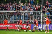 18 June 2023; Seán Kelly of Galway celebrates after scoring his side's first goal during the GAA Football All-Ireland Senior Championship Round 3 match between Galway and Armagh at Avant Money Páirc Seán Mac Diarmada in Carrick-on-Shannon, Leitrim. Photo by Harry Murphy/Sportsfile
