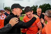 18 June 2023; Armagh manager Kieran McGeeney and Rory Grugan of Armagh after their side's victory in the GAA Football All-Ireland Senior Championship Round 3 match between Galway and Armagh at Avant Money Páirc Seán Mac Diarmada in Carrick-on-Shannon, Leitrim. Photo by Harry Murphy/Sportsfile