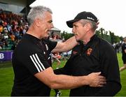 18 June 2023; Galway manager Padraic Joyce and Armagh manager Kieran McGeeney aftfer the GAA Football All-Ireland Senior Championship Round 3 match between Galway and Armagh at Avant Money Páirc Seán Mac Diarmada in Carrick-on-Shannon, Leitrim. Photo by Harry Murphy/Sportsfile