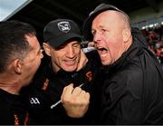 18 June 2023; Armagh manager Kieran McGeeney, centre, and selector Ciaran McKeever, right, after their side's victory in the GAA Football All-Ireland Senior Championship Round 3 match between Galway and Armagh at Avant Money Páirc Seán Mac Diarmada in Carrick-on-Shannon, Leitrim. Photo by Harry Murphy/Sportsfile