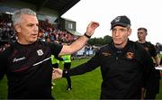 18 June 2023; Galway manager Padraic Joyce and Armagh manager Kieran McGeeney aftfer the GAA Football All-Ireland Senior Championship Round 3 match between Galway and Armagh at Avant Money Páirc Seán Mac Diarmada in Carrick-on-Shannon, Leitrim. Photo by Harry Murphy/Sportsfile