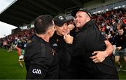 18 June 2023; Armagh manager Kieran McGeeney, centre, and selector Ciaran McKeever, right, after their side's victory in the GAA Football All-Ireland Senior Championship Round 3 match between Galway and Armagh at Avant Money Páirc Seán Mac Diarmada in Carrick-on-Shannon, Leitrim. Photo by Harry Murphy/Sportsfile