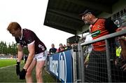18 June 2023; Peter Cooke of Galway is shouted at by a Armagh supporter during the GAA Football All-Ireland Senior Championship Round 3 match between Galway and Armagh at Avant Money Páirc Seán Mac Diarmada in Carrick-on-Shannon, Leitrim. Photo by Harry Murphy/Sportsfile