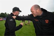 18 June 2023; Armagh manager Kieran McGeeney, left, and selector Ciaran McKeever after their side's victory the GAA Football All-Ireland Senior Championship Round 3 match between Galway and Armagh at Avant Money Páirc Seán Mac Diarmada in Carrick-on-Shannon, Leitrim. Photo by Harry Murphy/Sportsfile