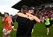 18 June 2023; Armagh manager Kieran McGeeney embraces his wife Maura O’Rahilly after their side's victory in the GAA Football All-Ireland Senior Championship Round 3 match between Galway and Armagh at Avant Money Páirc Seán Mac Diarmada in Carrick-on-Shannon, Leitrim. Photo by Harry Murphy/Sportsfile